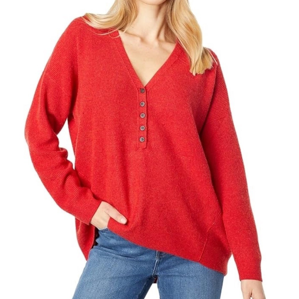 Madewell Henley Sweater Small Red‎ Orange Alpaca Wool Blend V-Neck Ribbed Cozy